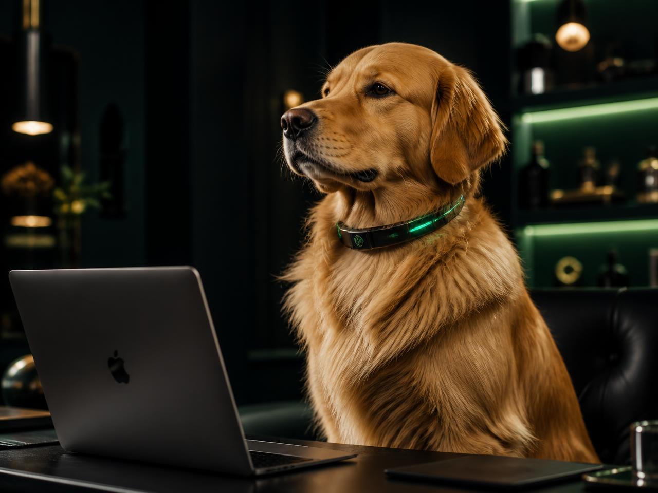 Chien golden retriever équipé d'un collier connecté Inpeto au bureau